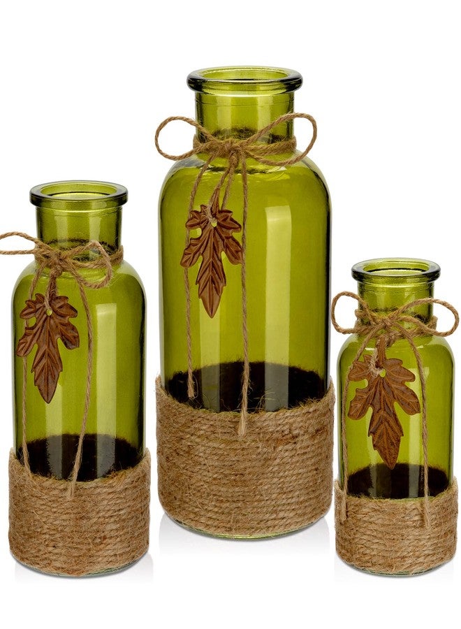 GnFlus Green Glass Vase Set of 3 Flower Vase Vintage Bud Vases Decorative Glass Bottles for Centerpieces Table Decorations Living Room Office Dining Room Kitchen Home Decor, 5" 6.5" 8" Tall Green Vase - Image 1